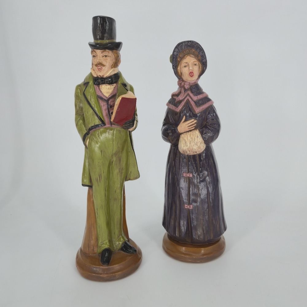 Vintage Victorian Christmas Carolers Chalkware Pair Man Woman Figurines 13 Inch